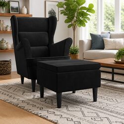 Black Velvet Stool Wooden Legs Padded Footrest Ottoman Compact Seating