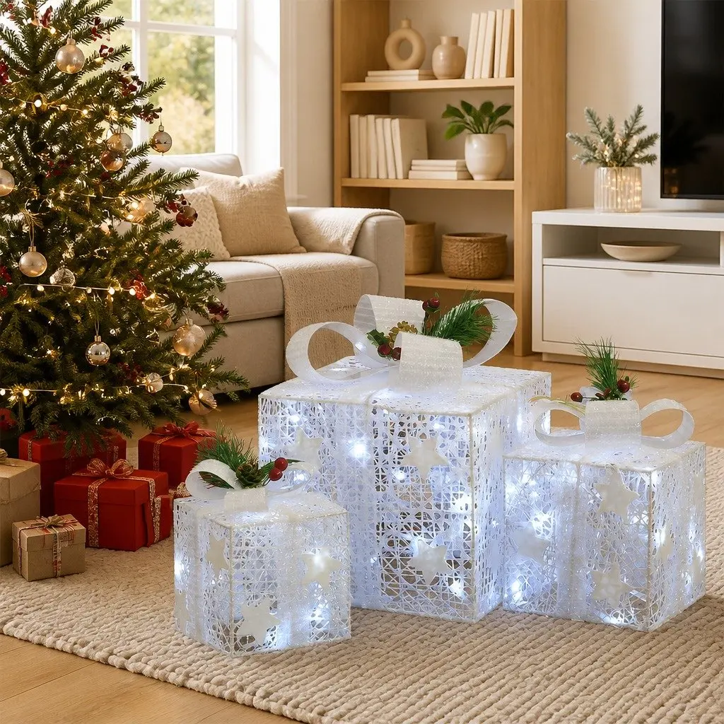 Decorative Gift Boxes White 3 Piece LED Lights 8 Effects Indoor Outdoor