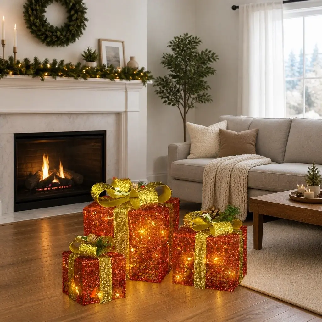 Decorative Gift Boxes Set 3pcs Red LED Lights Indoor Outdoor Holiday