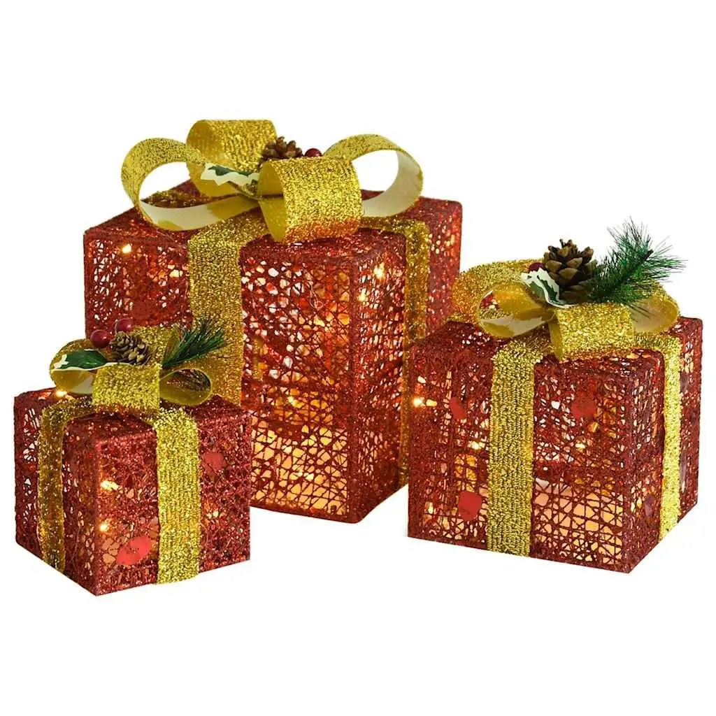 Decorative Gift Boxes Set 3pcs Red LED Lights Indoor Outdoor Holiday