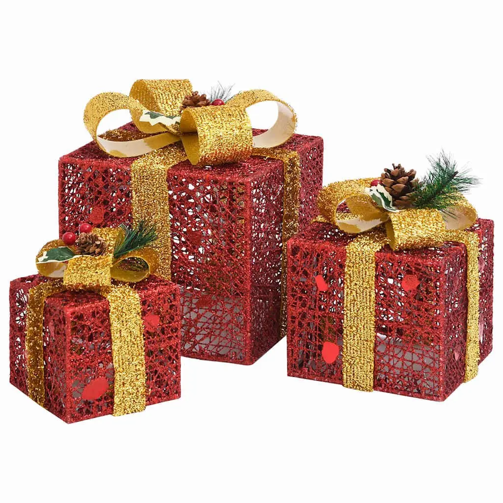Decorative Gift Boxes Set 3pcs Red LED Lights Indoor Outdoor Holiday