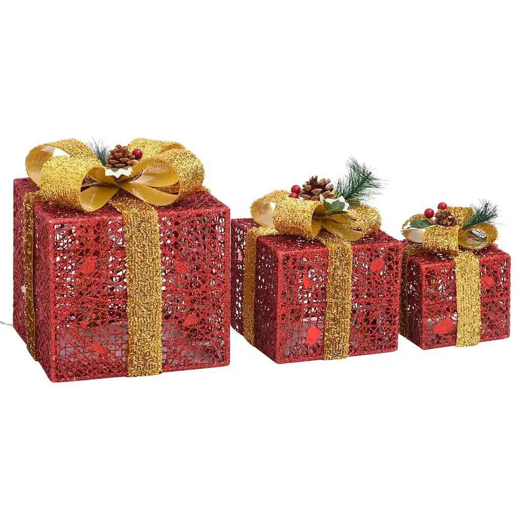 Decorative Gift Boxes Set 3pcs Red LED Lights Indoor Outdoor Holiday