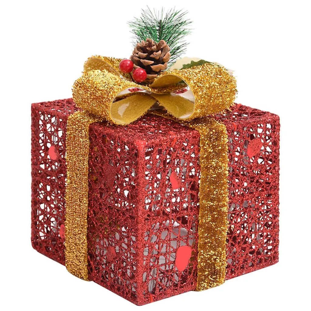 Decorative Gift Boxes Set 3pcs Red LED Lights Indoor Outdoor Holiday