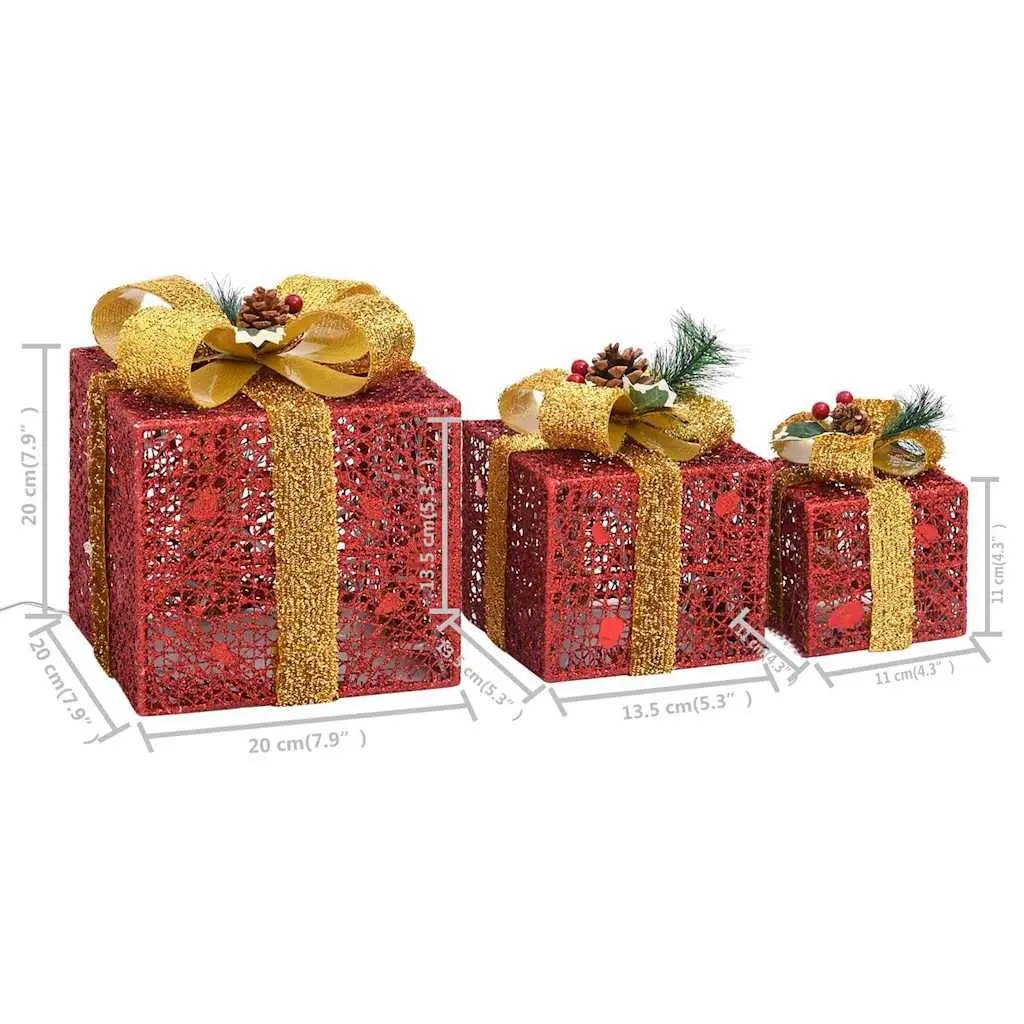 Decorative Gift Boxes Set 3pcs Red LED Lights Indoor Outdoor Holiday