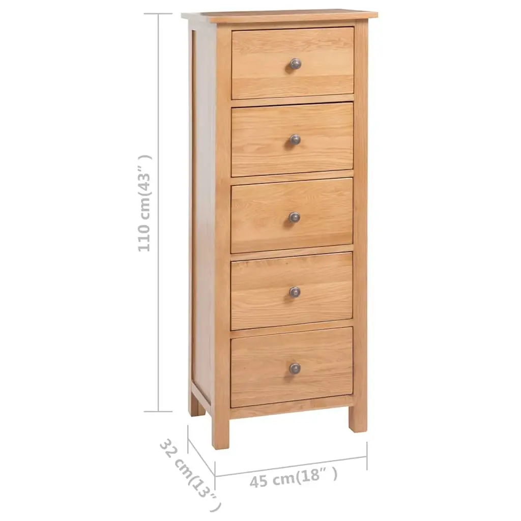 Tall Chest of Drawers Brown Solid Oak Wood 45x32x110 cm 5 Drawer Storage Cabinet