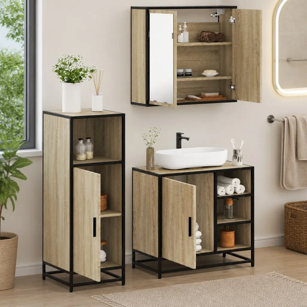 Bathroom Furniture Set Brown 3 Piece Vanity Cabinet Mirror Storage Engineered Wood
