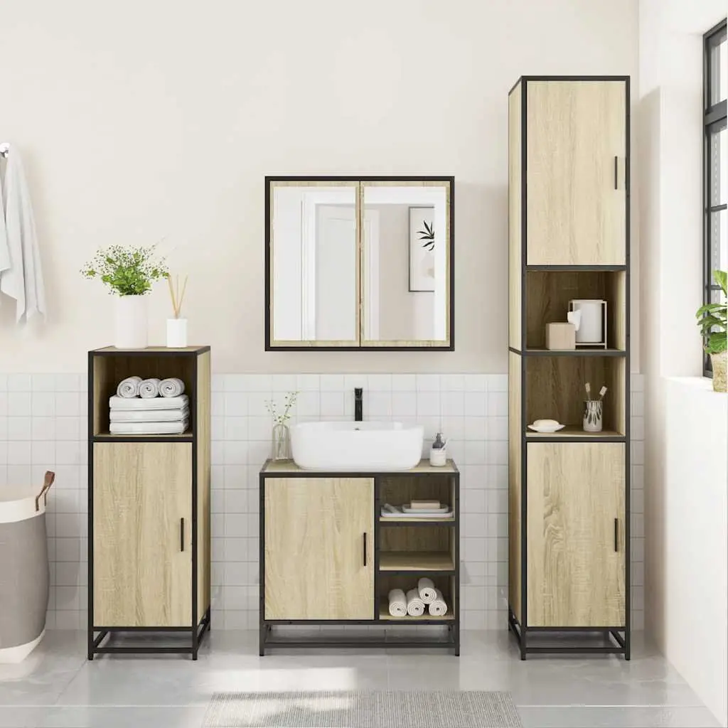 Bathroom Furniture Set Brown 3 Piece Vanity Cabinet Mirror Storage Engineered Wood