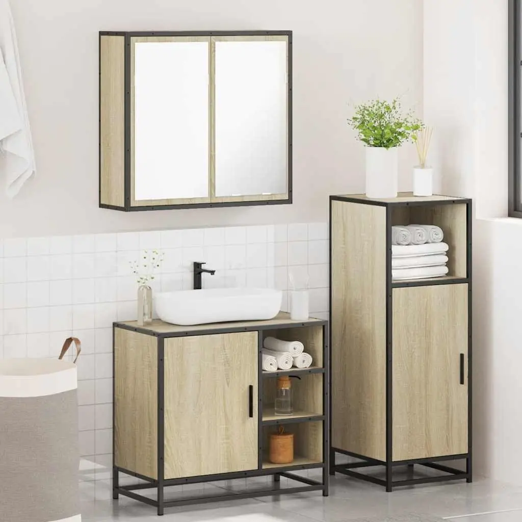 Bathroom Furniture Set Brown 3 Piece Vanity Cabinet Mirror Storage Engineered Wood