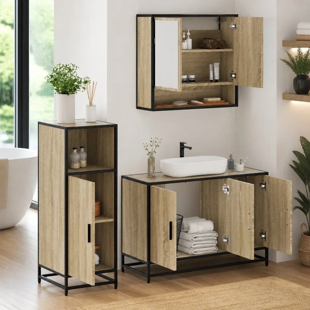 Bathroom Furniture Set Brown 3 Piece Vanity Cabinet Mirror Storage Sonoma Oak