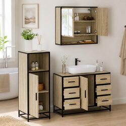 Compact 3-Piece Bathroom Furniture Set in Brown with Mirror