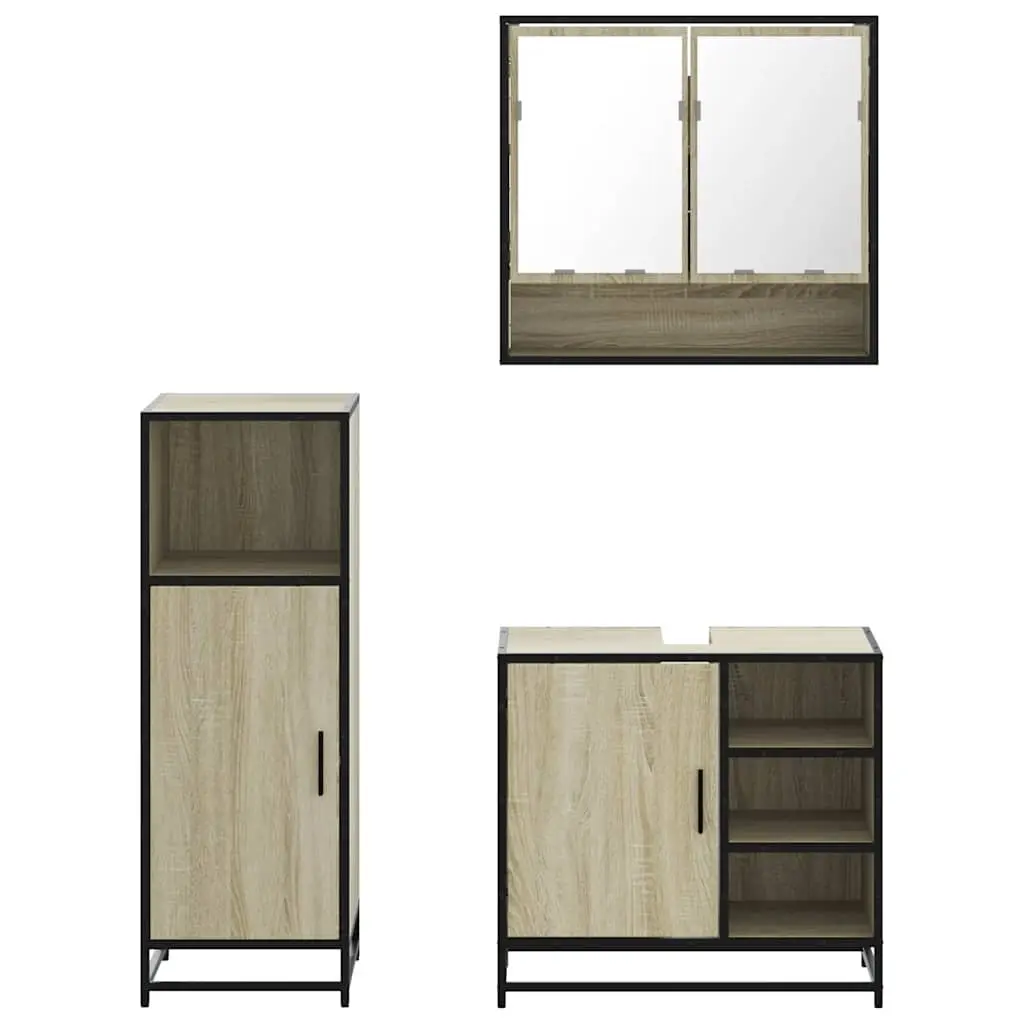 Bathroom Furniture Set Brown 3 Piece Vanity Cabinet Mirror Storage Engineered Wood