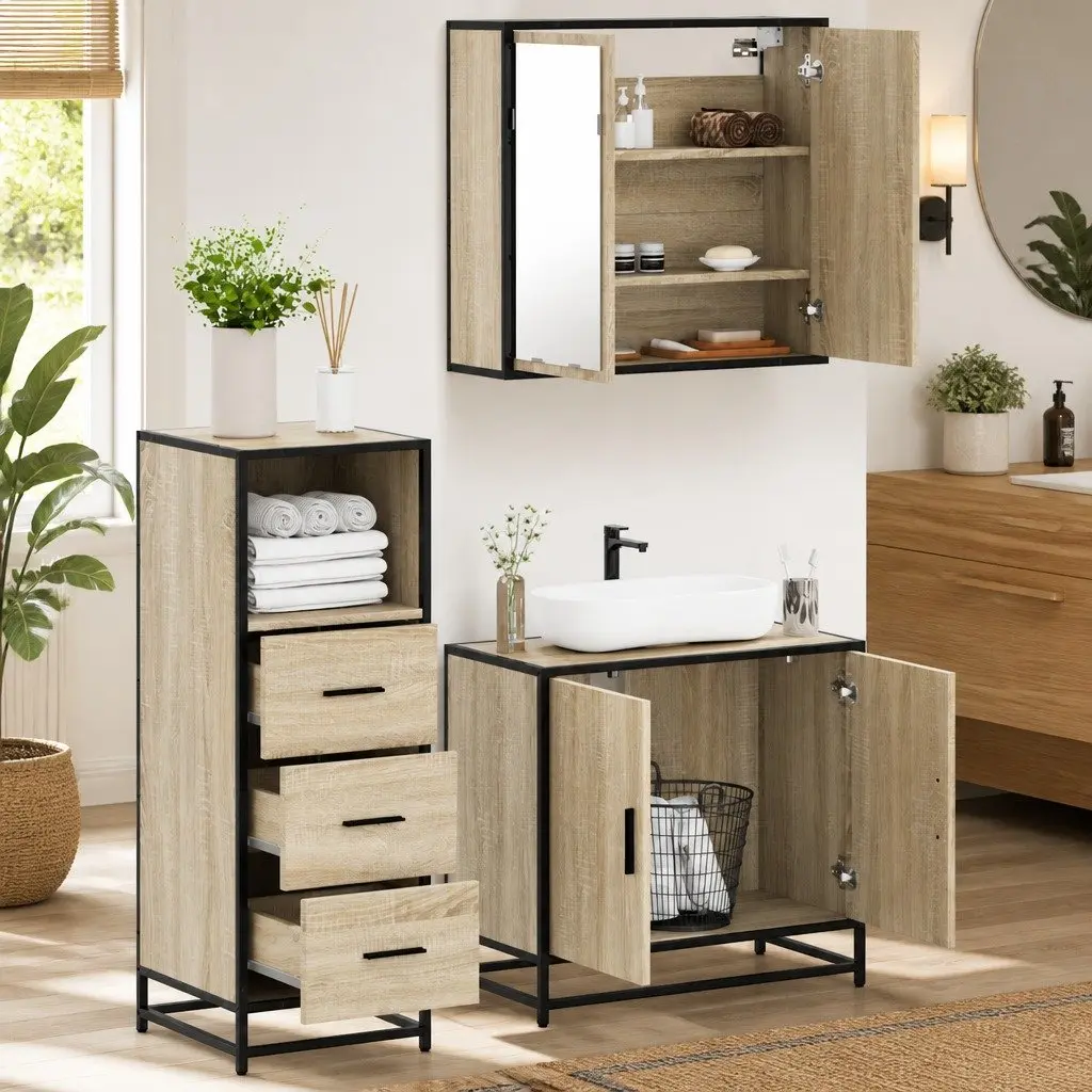 Brown Engineered Wood Bathroom Furniture Set 3 Piece Vanity Cabinet with Mirror