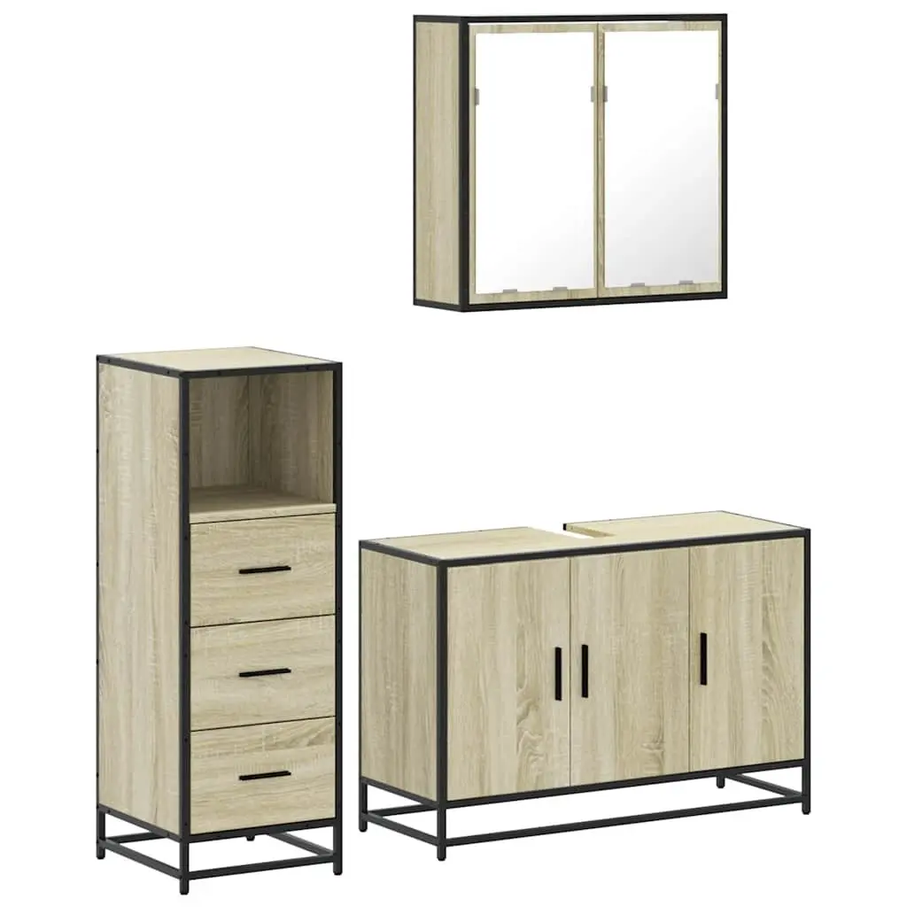 3 Piece Bathroom Furniture Set Brown Engineered Wood Vanity Cabinet Mirror