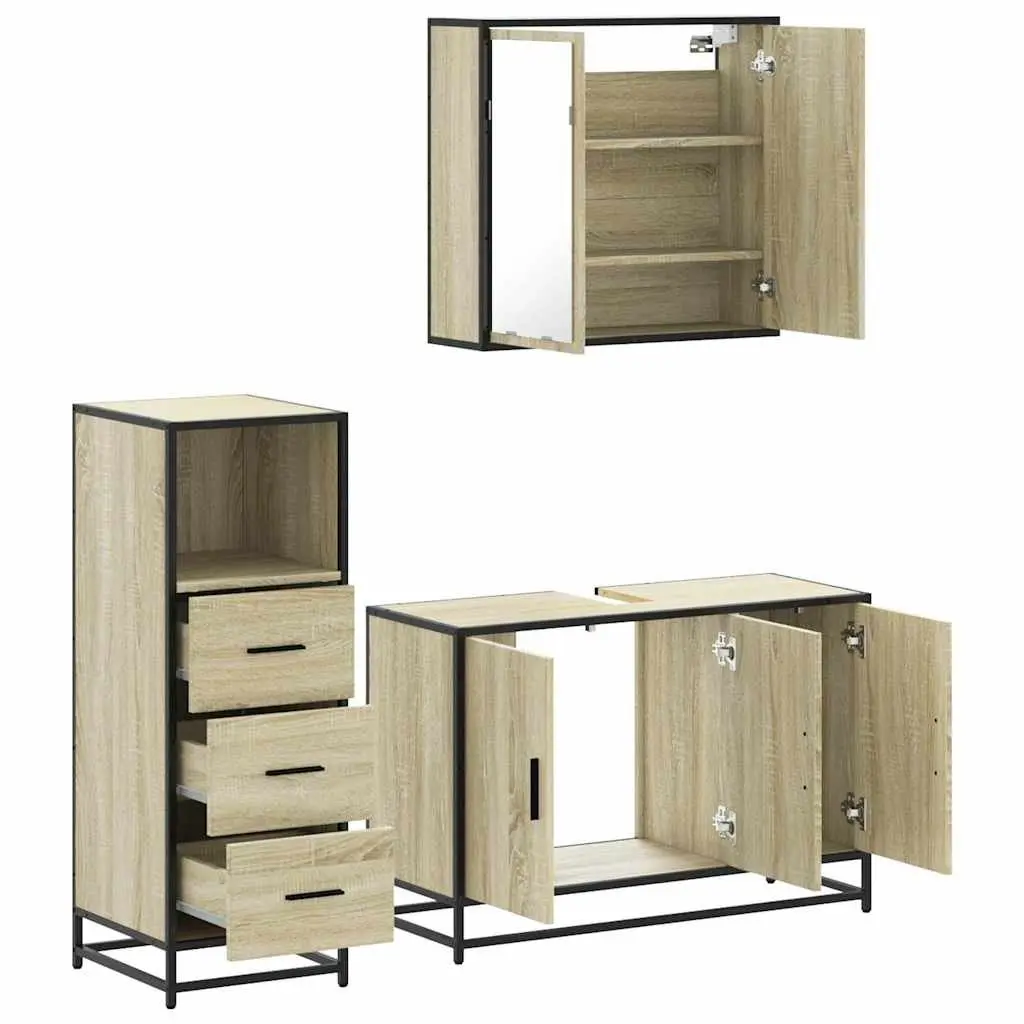 3 Piece Bathroom Furniture Set Brown Engineered Wood Vanity Cabinet Mirror