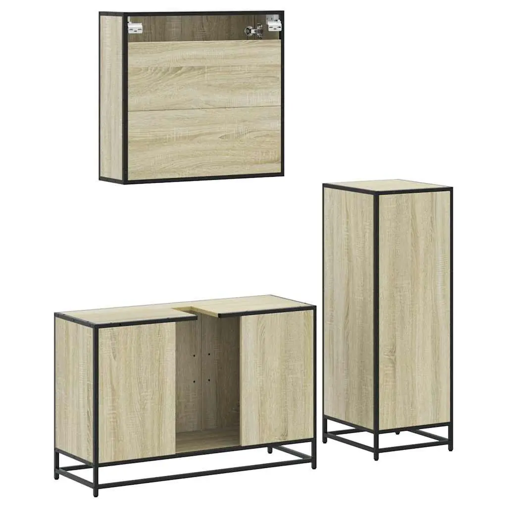 3 Piece Bathroom Furniture Set Brown Engineered Wood Vanity Cabinet Mirror