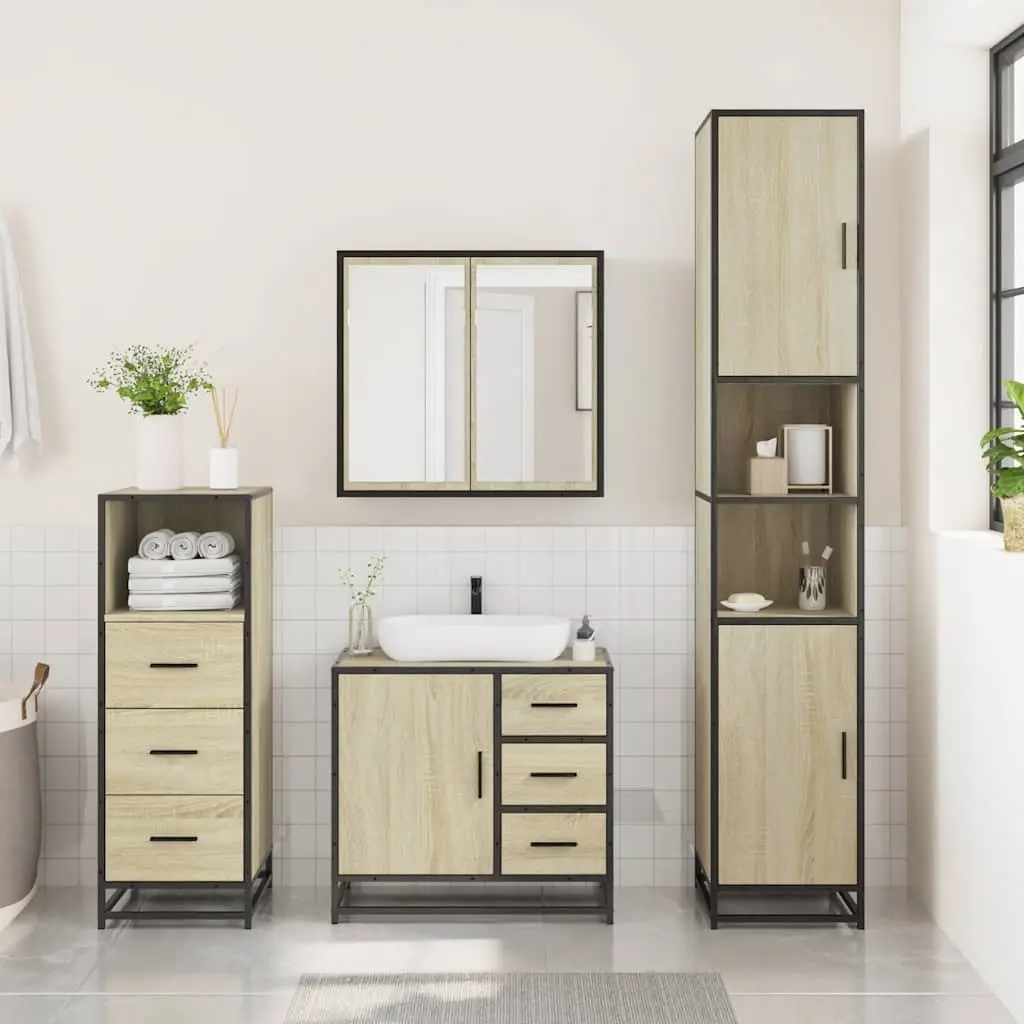 Bathroom Furniture Set Brown 3 Piece Vanity Cabinet Mirror Engineered Wood