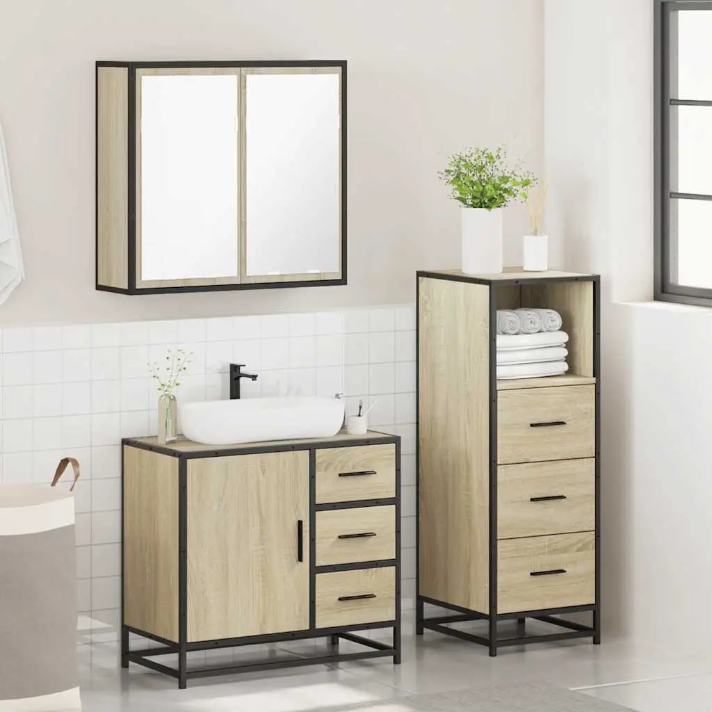 Bathroom Furniture Set Brown 3 Piece Vanity Cabinet Mirror Engineered Wood