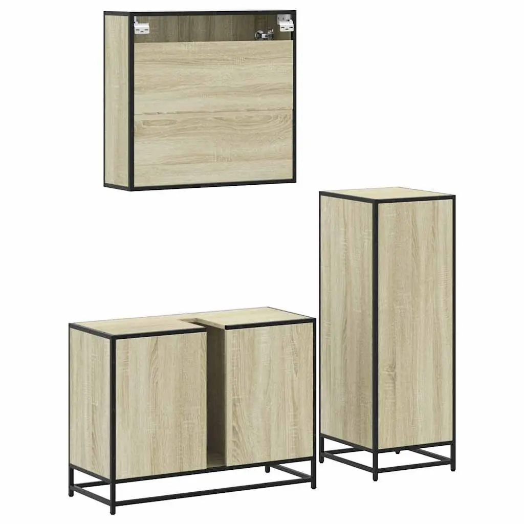 Bathroom Furniture Set Brown 3 Piece Vanity Cabinet Mirror Storage Engineered Wood