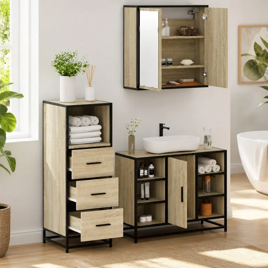 3 Piece Bathroom Furniture Set Brown Engineered Wood Cabinet Mirror Storage