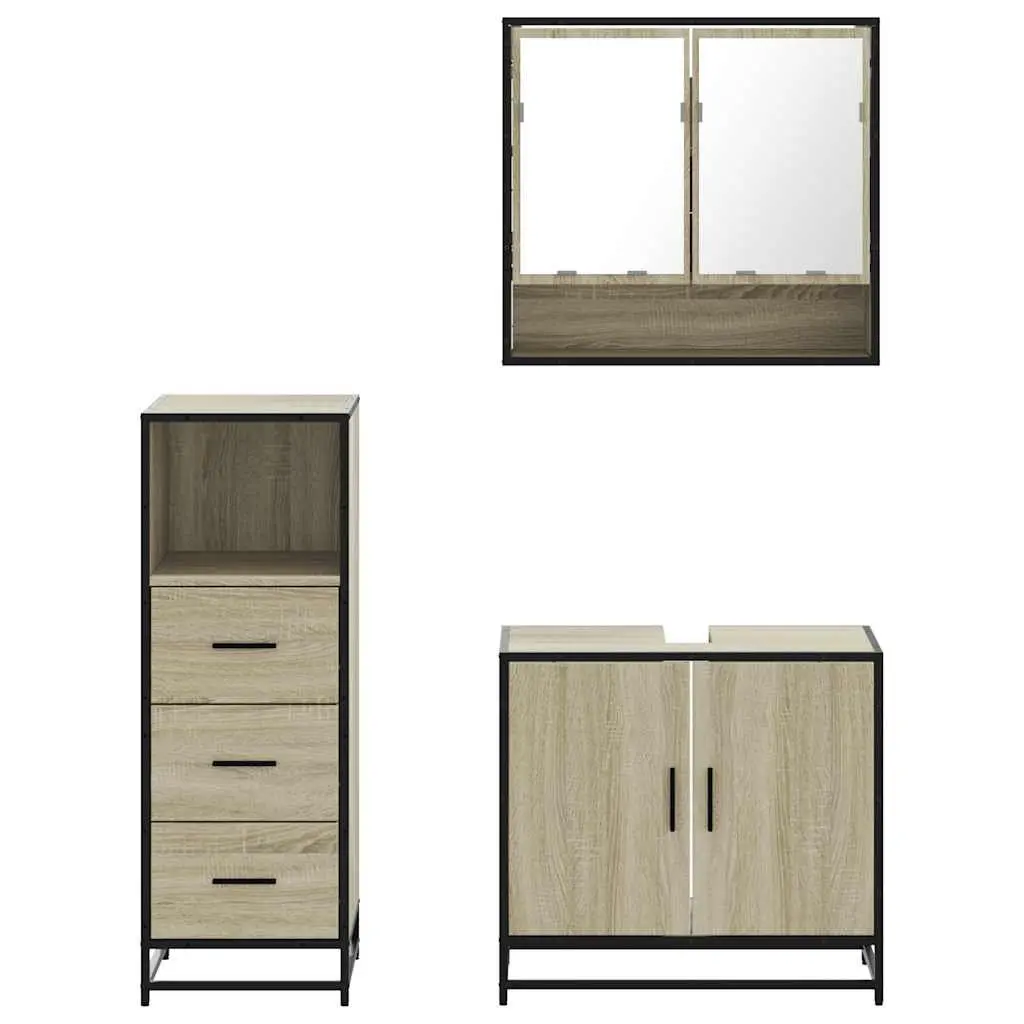 Bathroom Furniture Set Brown 3 Piece Vanity Cabinet Mirror Storage Engineered Wood