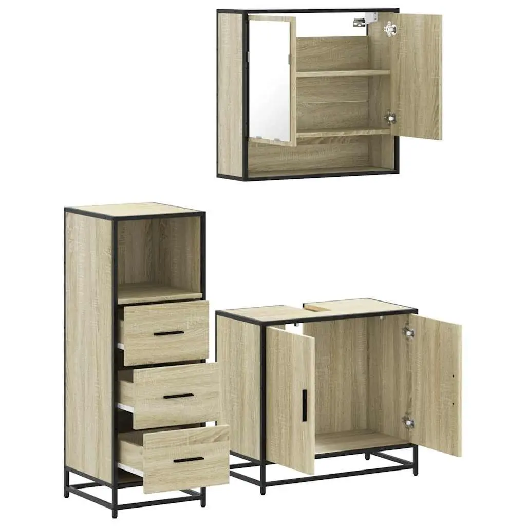 Bathroom Furniture Set Brown 3 Piece Vanity Cabinet Mirror Storage Engineered Wood