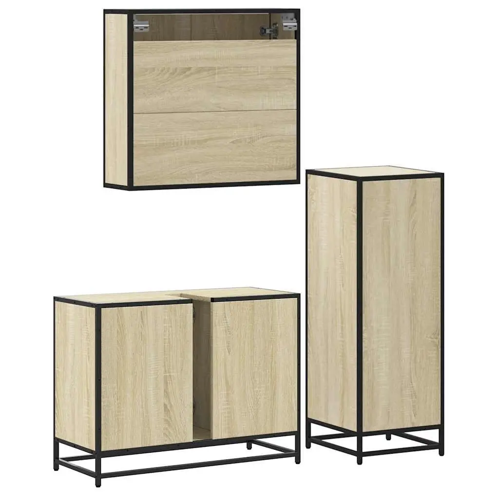 Bathroom Furniture Set Brown 3 Piece Engineered Wood Vanity Cabinet Mirror