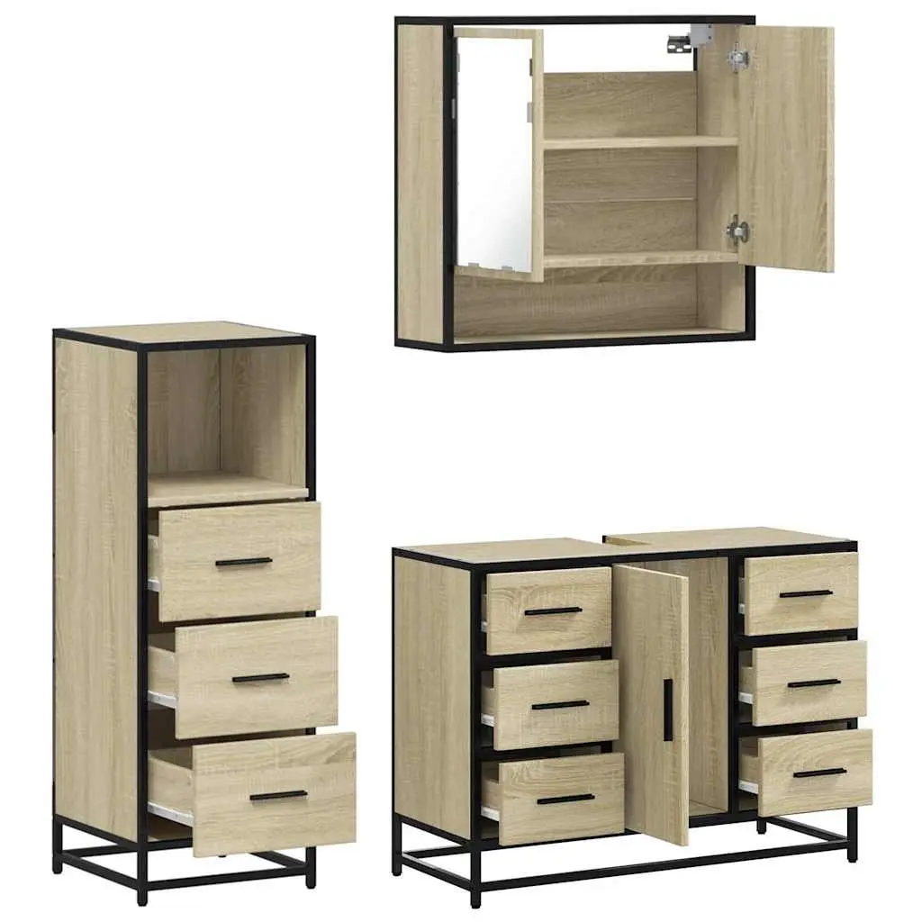 Bathroom Furniture Set Brown 3 Piece Engineered Wood Vanity Cabinet Mirror
