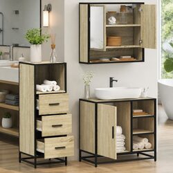 3 Piece Bathroom Furniture Set Brown Engineered Wood Vanity Cabinet Mirror