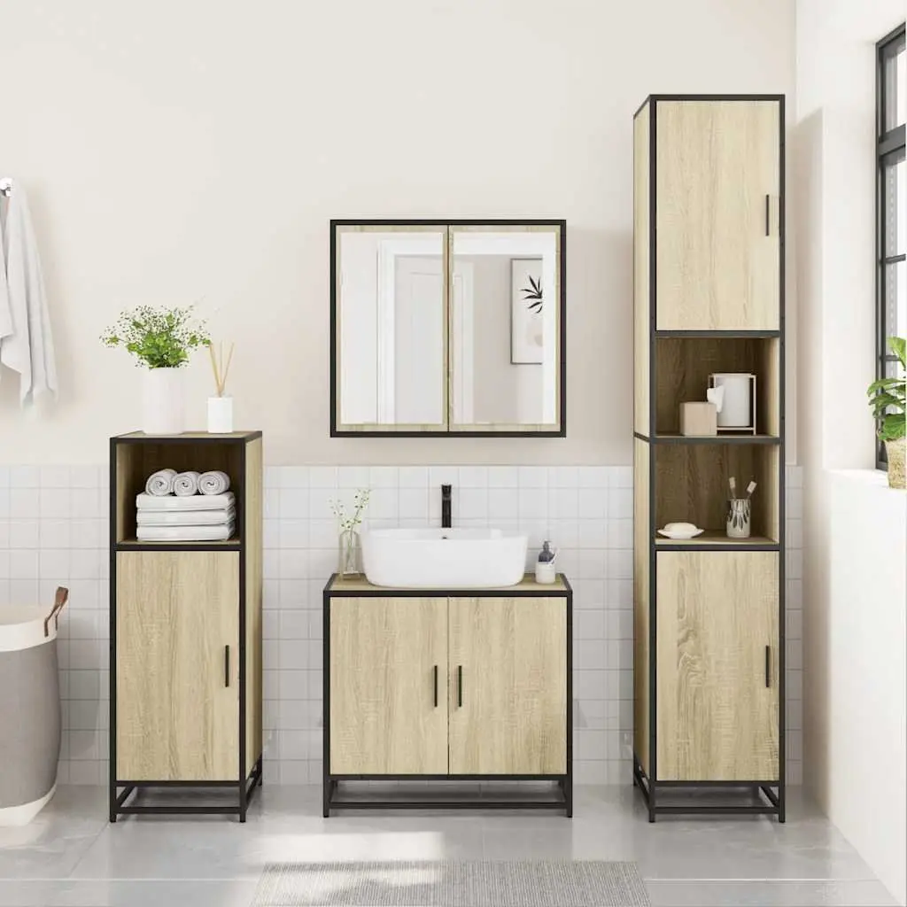 Bathroom Furniture Set Brown 4 Piece Engineered Wood Storage Cabinet Mirror