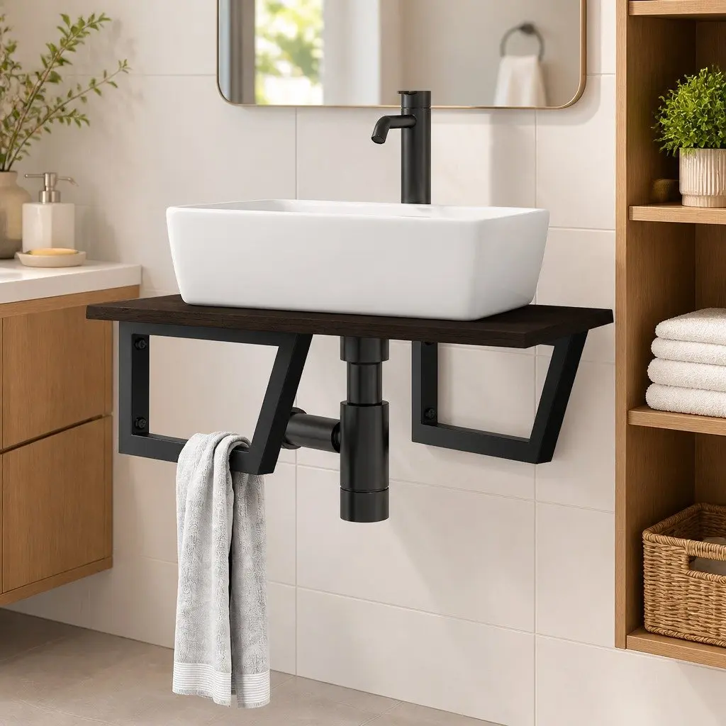 Wall Mounted Basin Shelf Bathroom Vanity Unit Storage Steel Oak Wood Brown