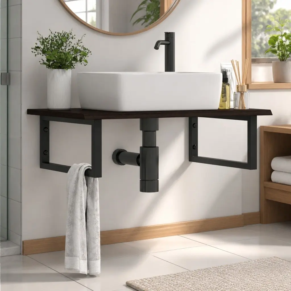 Wall Mounted Basin Shelf Bathroom Storage Steel Oak Wood Floating Cabinet Vanity