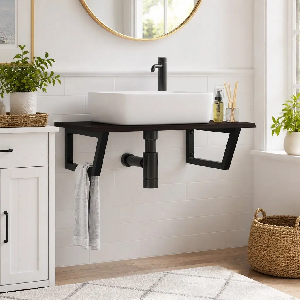 Wall Mounted Basin Shelf Bathroom Vanity Storage Steel Oak Wood Brown Floating