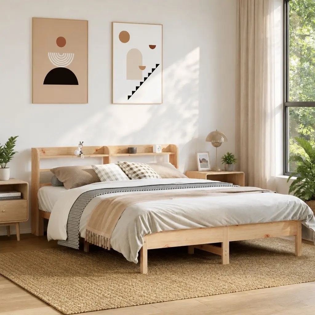 Bed Frame Brown 150x200cm Solid Wood Pine Slatted Base Headboard with Storage Shelves
