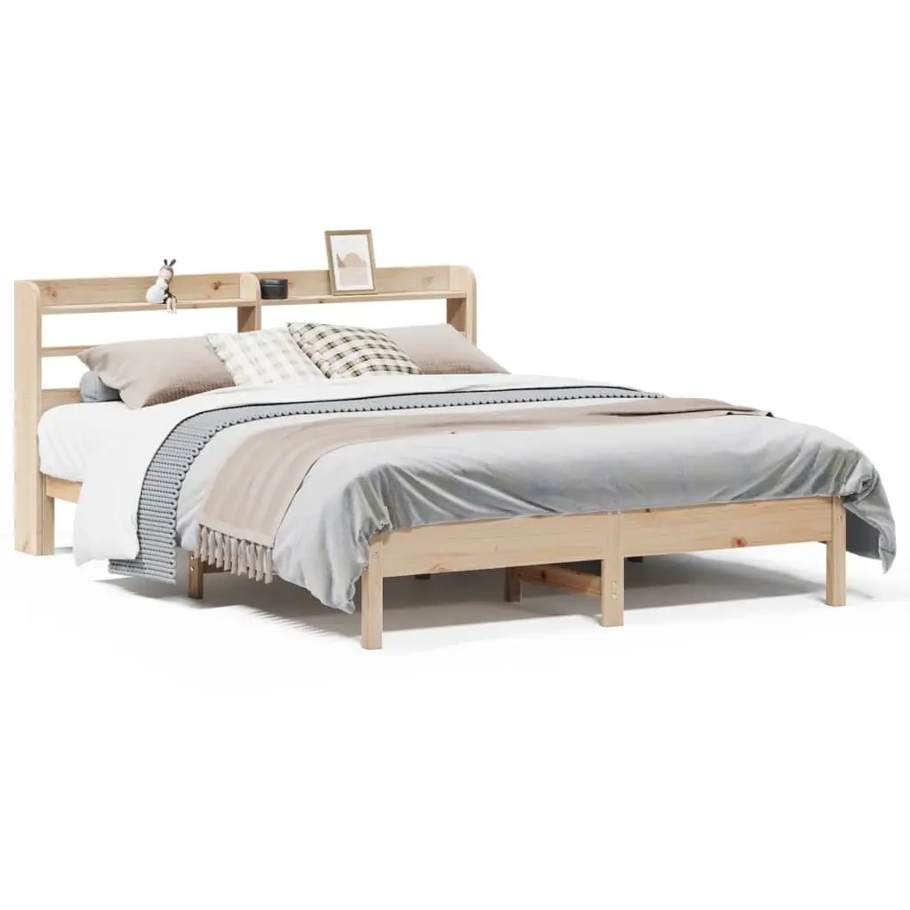 Bed Frame Brown 150x200cm Solid Wood Pine Slatted Base Headboard with Storage Shelves