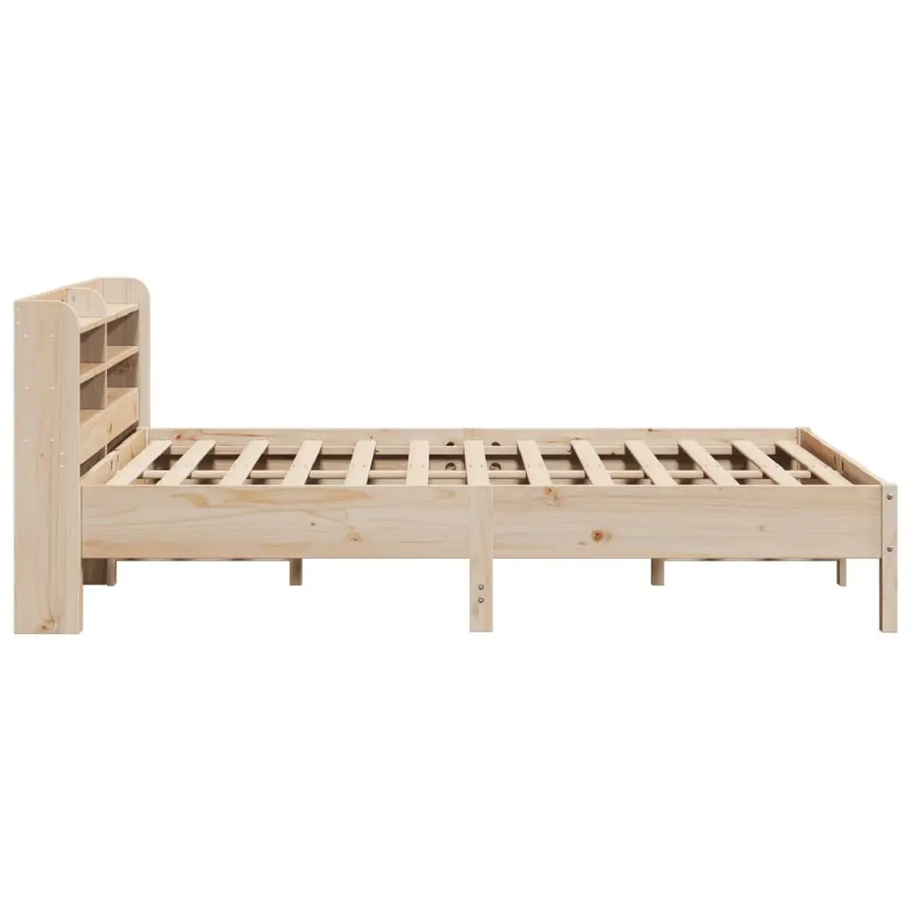 Bed Frame Brown 150x200cm Solid Wood Pine Slatted Base Headboard with Storage Shelves