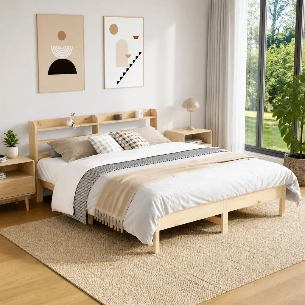 Solid Wood Bed Frame Brown 135x190cm Slatted Base Headboard with Storage Shelves