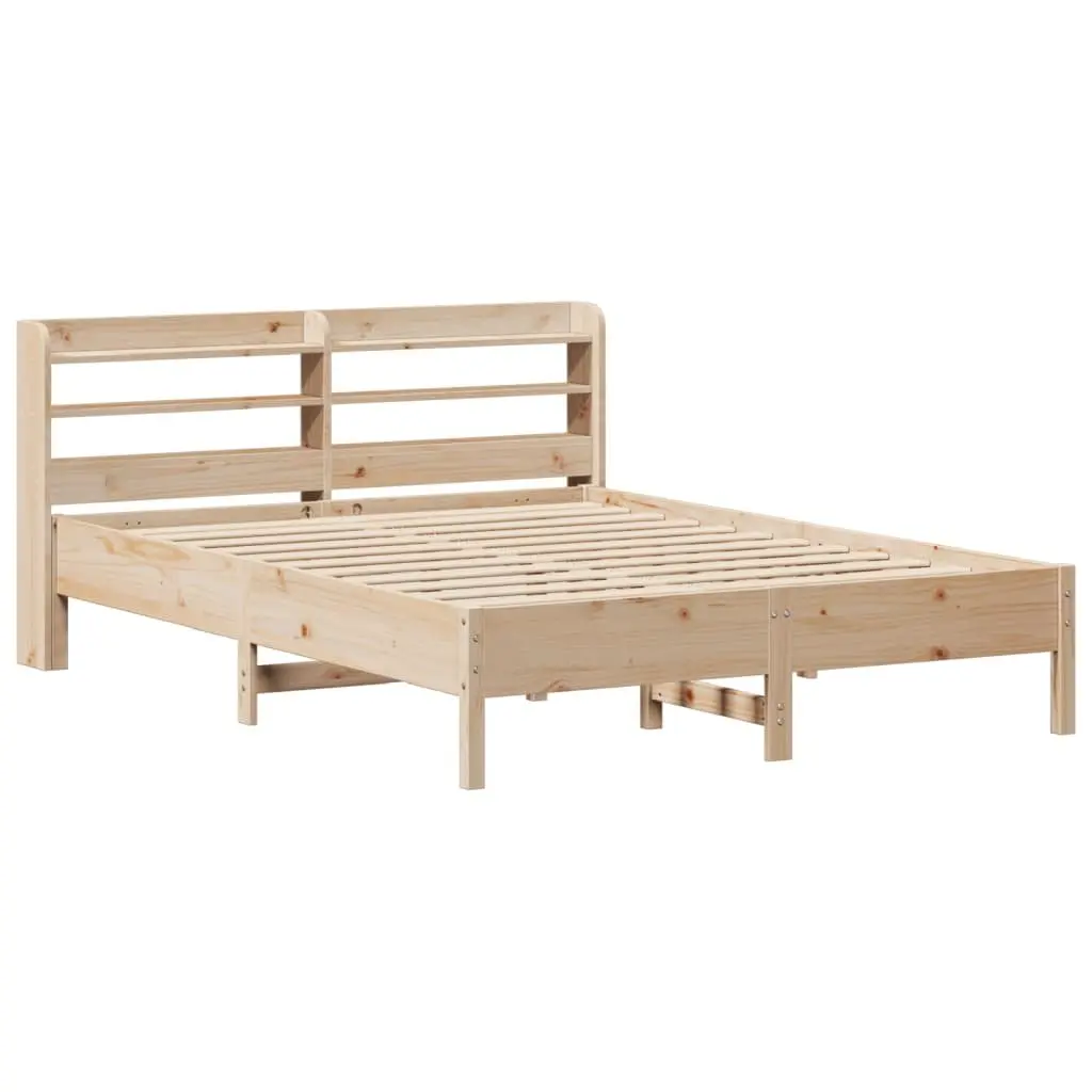 Solid Wood Bed Frame Brown 135x190cm Slatted Base Headboard with Storage Shelves