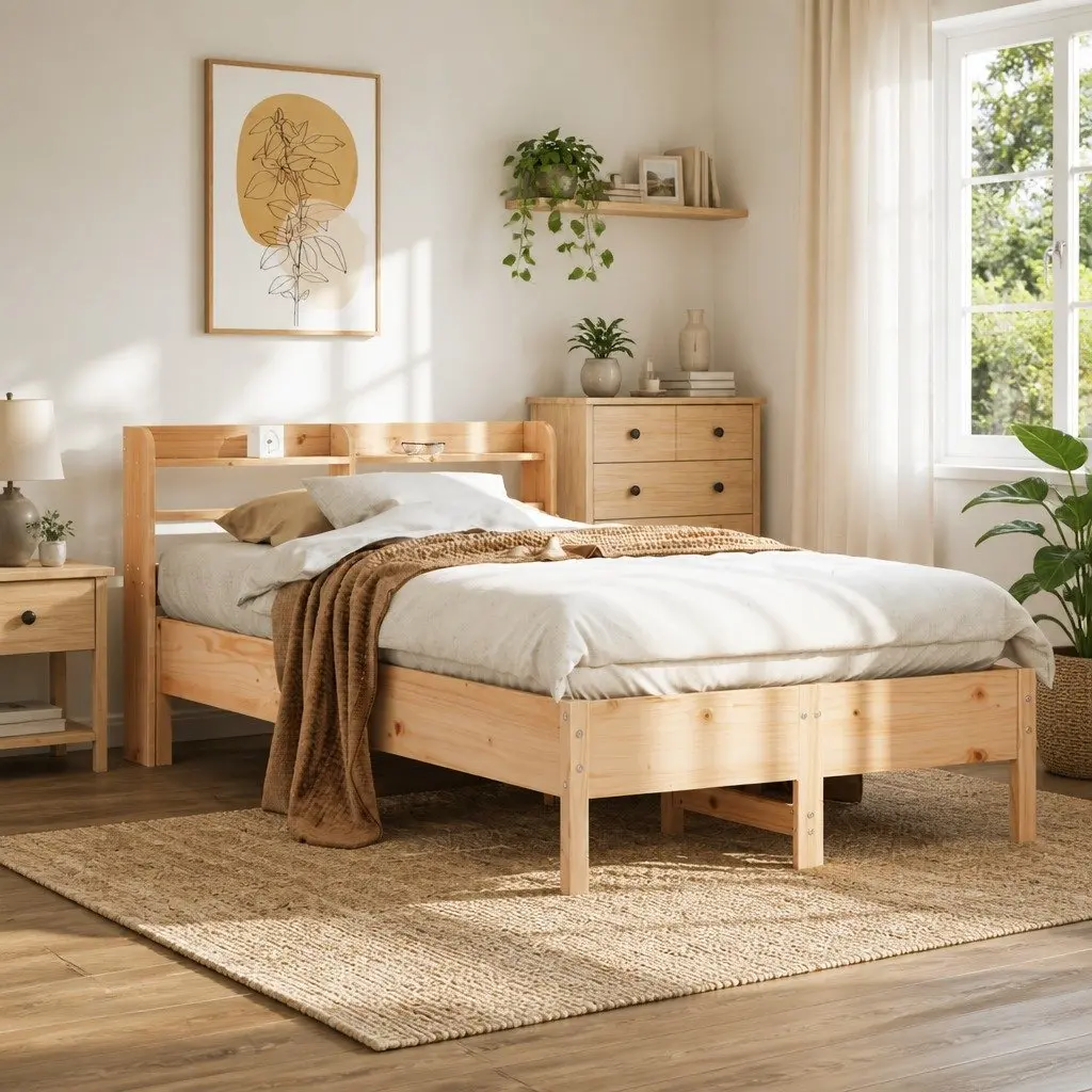 Solid Wood Pine Bed Frame Brown 90x190 cm Slatted Base Headboard with Storage Shelves