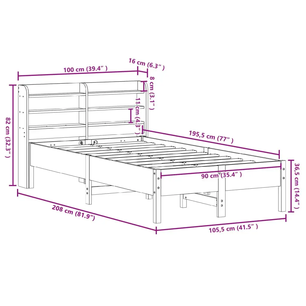 Solid Wood Pine Bed Frame Brown 90x190 cm Slatted Base Headboard with Storage Shelves
