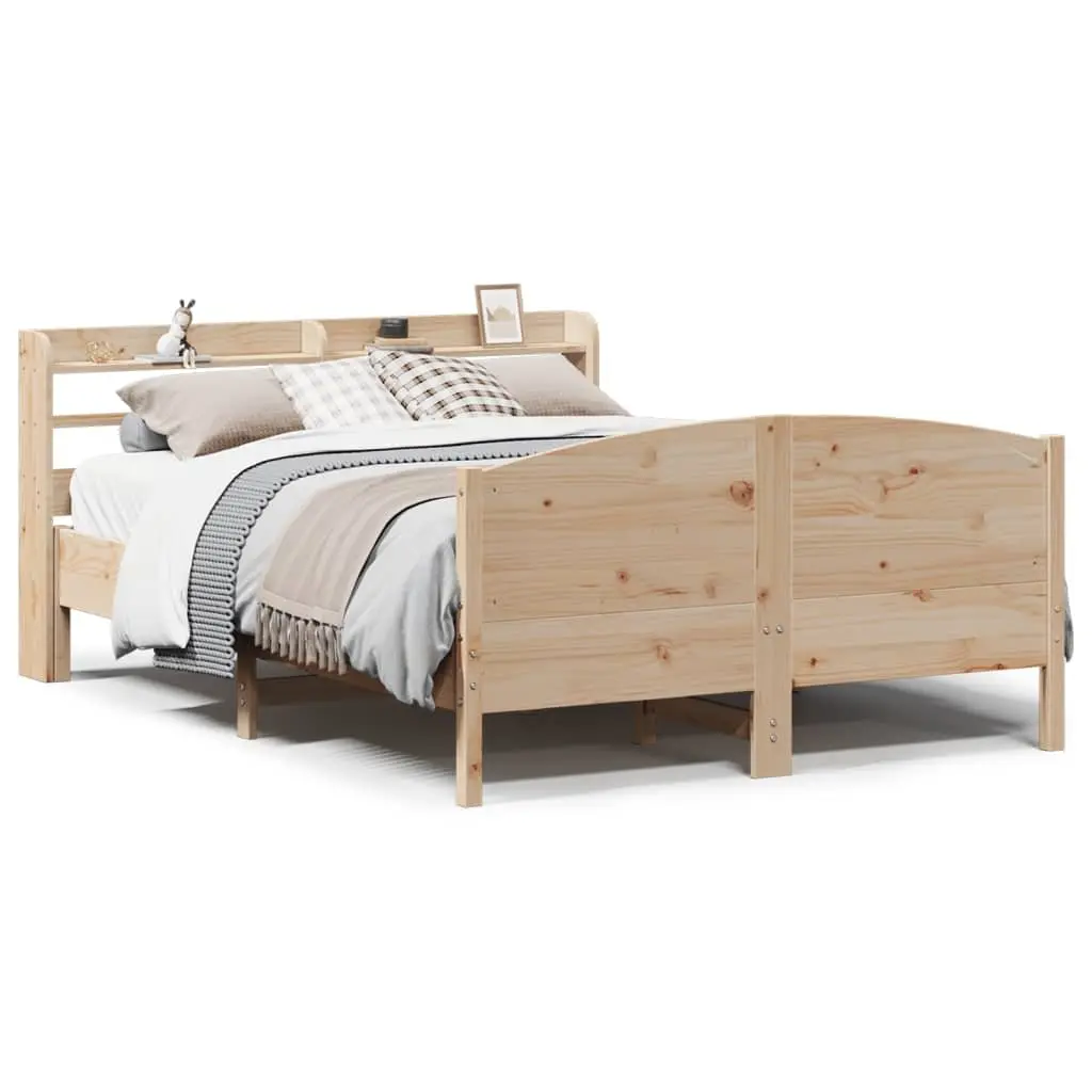 Bed Frame Brown 135x190 cm Solid Pine Wood Slatted Base Headboard with Storage Shelves