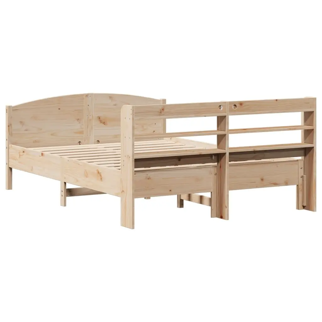 Bed Frame Brown 135x190 cm Solid Pine Wood Slatted Base Headboard with Storage Shelves