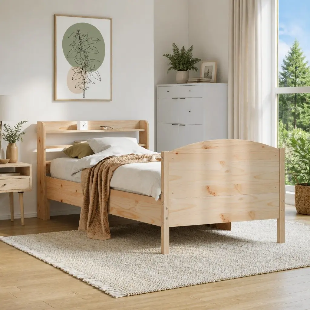 Solid Wood Bed Frame Brown 90x190 cm with Headboard and Storage Shelves
