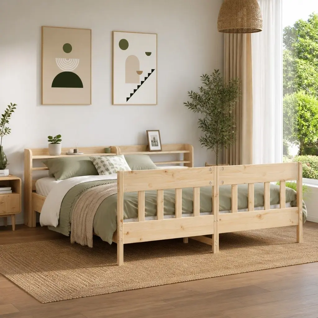 Bed Frame Brown 180x200 cm Solid Wood Pine Slatted Base Headboard with Storage Shelves