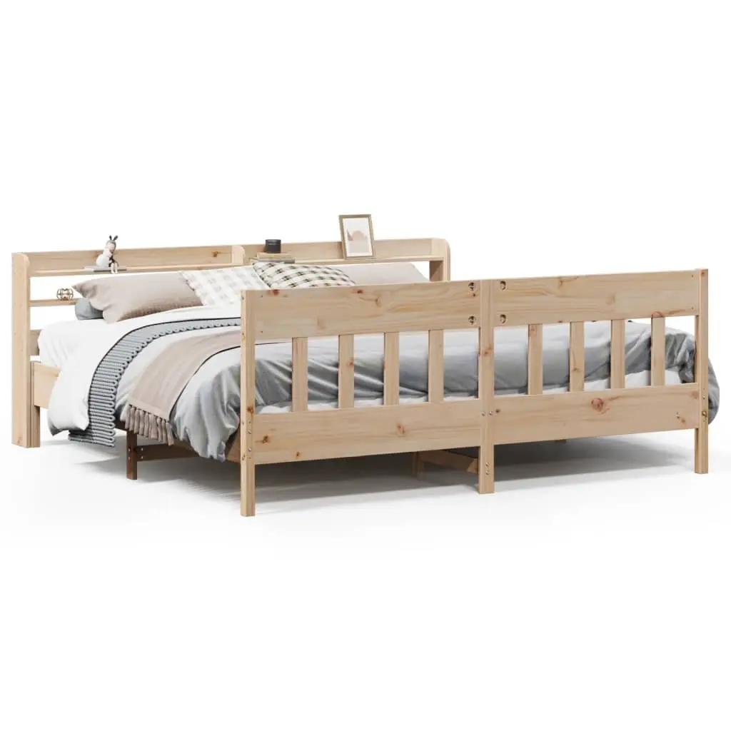 Bed Frame Brown 180x200 cm Solid Wood Pine Slatted Base Headboard with Storage Shelves