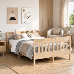 Solid Wood Pine Bed Frame 150x200 cm with Headboard Storage Shelves Slatted Base