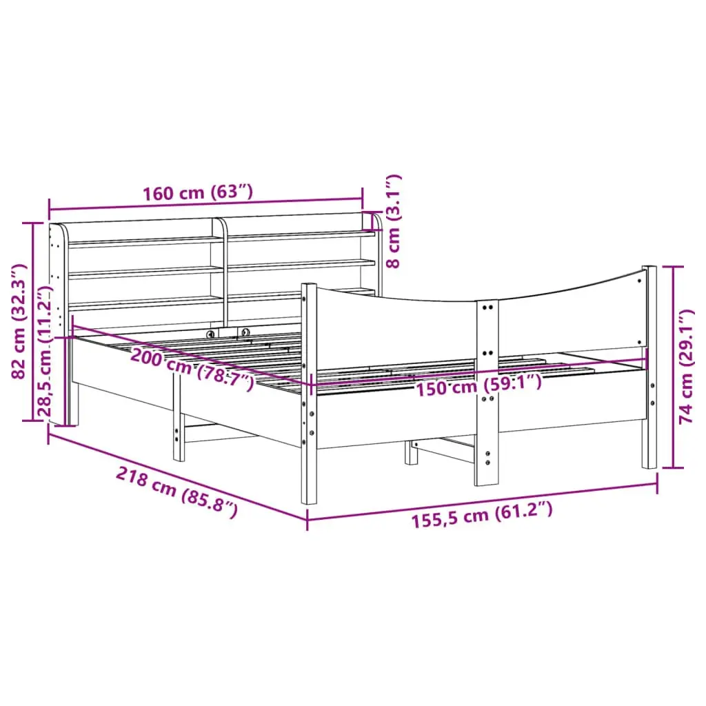 Bed Frame Brown 150x200 cm Solid Pine Wood Slatted Base with Freestanding Headboard and Three Storage Shelves