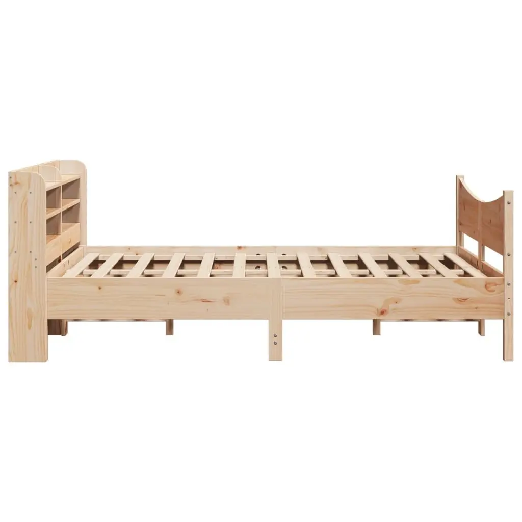 Bed Frame Brown 150x200 cm Solid Pine Wood Slatted Base with Freestanding Headboard and Three Storage Shelves