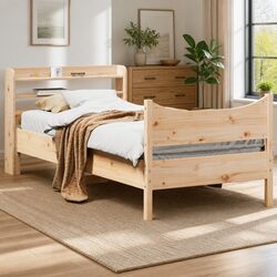 Bed Frame with Headboard 90x190 cm Solid Pine Wood Slatted Base Storage Shelves