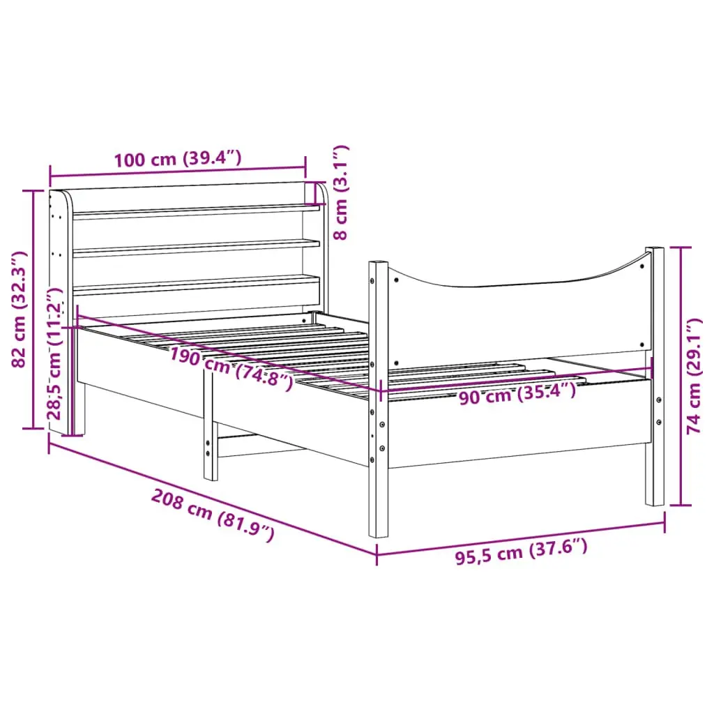 Bed Frame Brown 90x190 cm Solid Pine Wood Slatted Base Freestanding Headboard with Storage Shelves
