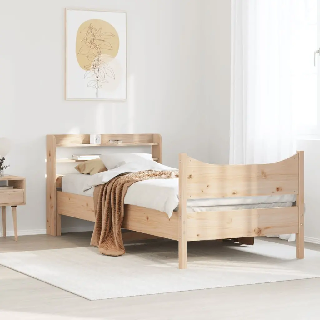 Bed Frame Brown 90x190 cm Solid Pine Wood Slatted Base Freestanding Headboard with Storage Shelves